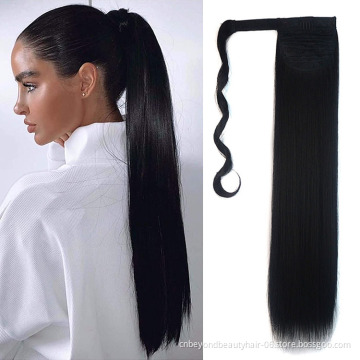 women Ponytail Hair Extension Wig Clip in Straight Kinky Curly Long Synthetic Wrap Around Pony Tail Black Hairpiece